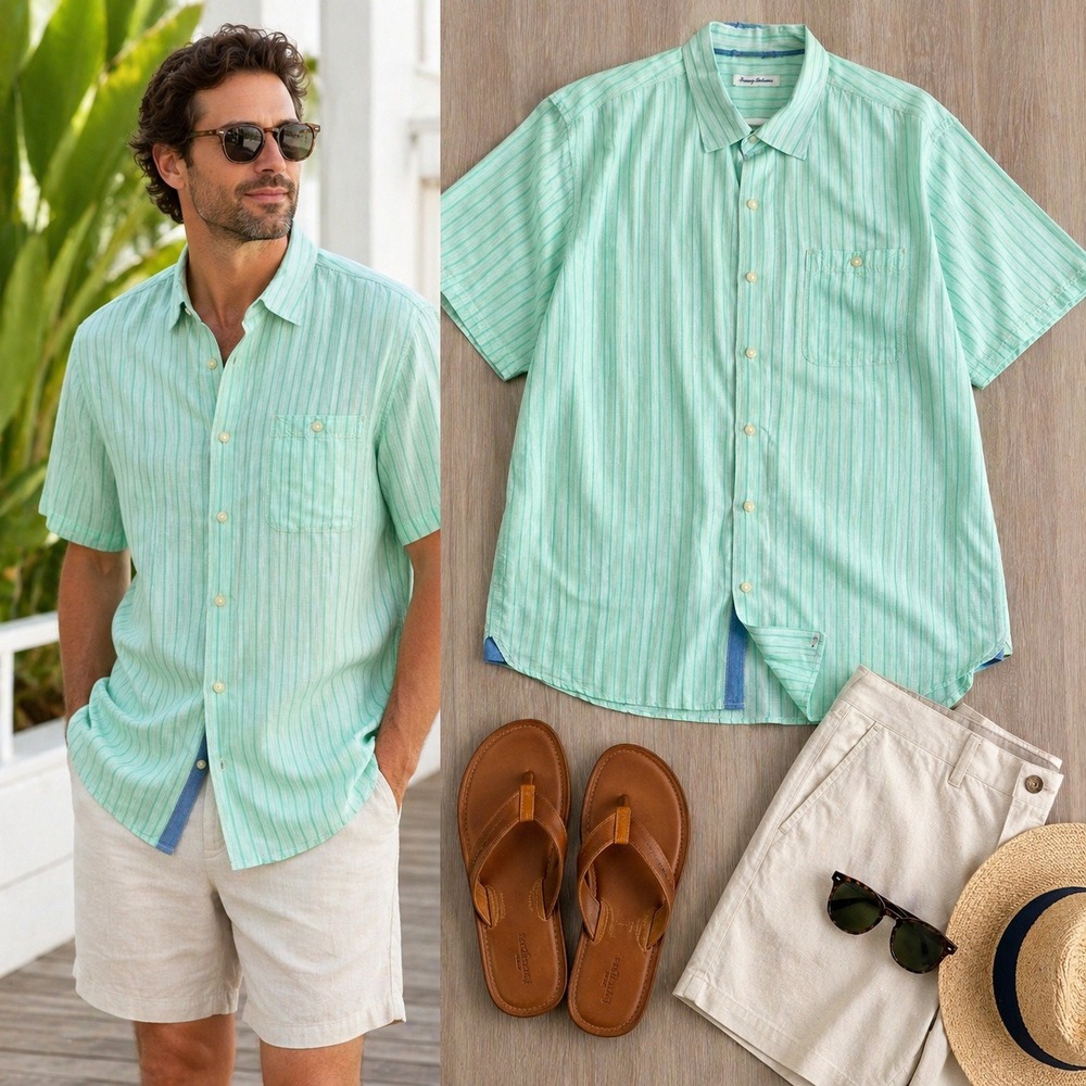 Tommy Bahama Mens XXL Green Striped Linen Tencel Short Sleeve Button Down Shirt